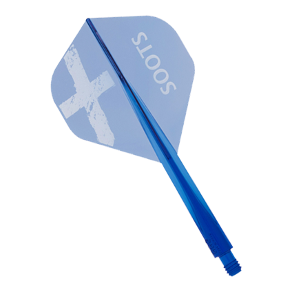 Das Bild zeigt das Produkt "Condor AXE Soots Flight-System - Standard". Es handelt sich um einen blauen Dart-Flight mit der Aufschrift "SOOTS" und einem weißen X.